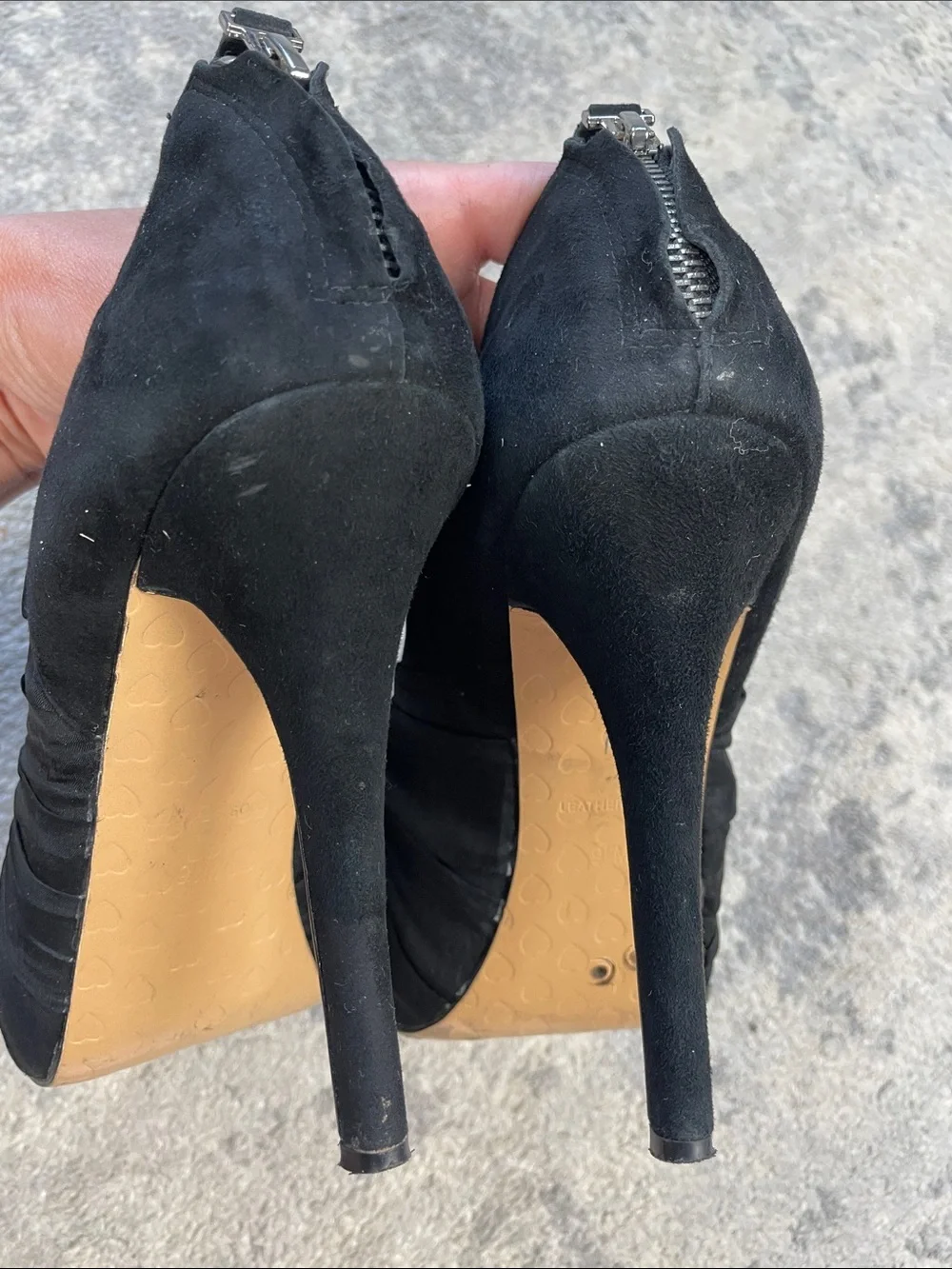 Betsey Johnson Black Ruched Chiffon Peep Toe Booties Heels Crystal Buttons 9.5